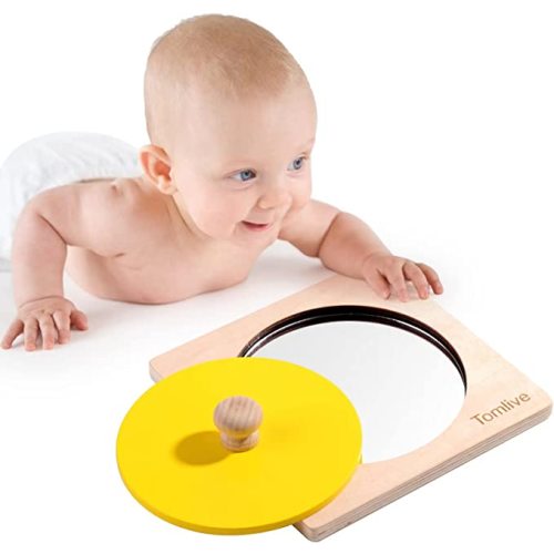 Tummy Time Floor Mirror, Montessori Toys for Babies 0-6-12 Months, Newborn Infant Toddler Sensory Development Baby Mirror Toy, Wooden Peekaboo Knob Puzzle, Best Baby Boys Girls Gift Idea Yellow