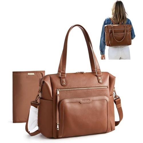 mommore PU Leather Convertible Diaper Bag Backpack, Crossbody Bag Tote | Converts into Diaper Backpack, Crossbody Bag, PU Leather Tote, Waterproof Changing Pad