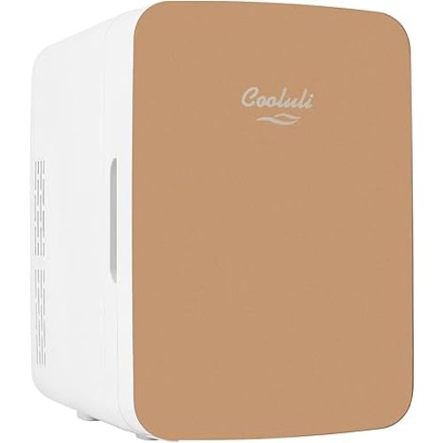 Cooluli 10L Mini Fridge for Bedroom - Car, Office Desk & College Dorm Room - 12v Portable Cooler & Warmer for Food, Drinks, Skincare, Beauty & Makeup - AC/DC Small Refrigerator with Glass Front, Gold