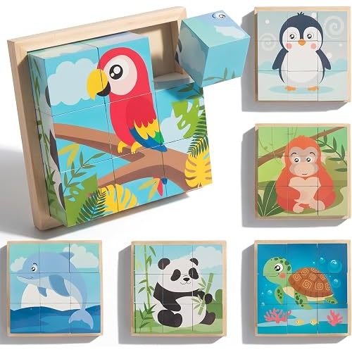 Wooden Cube Puzzle for Toddlers 1-3, 6-in-1 Animal Montessori Learning Toys