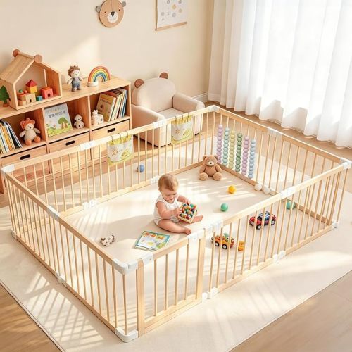 Baby Playpen, Foldable Wooden Play Yard with Gate and Child Proof Lock