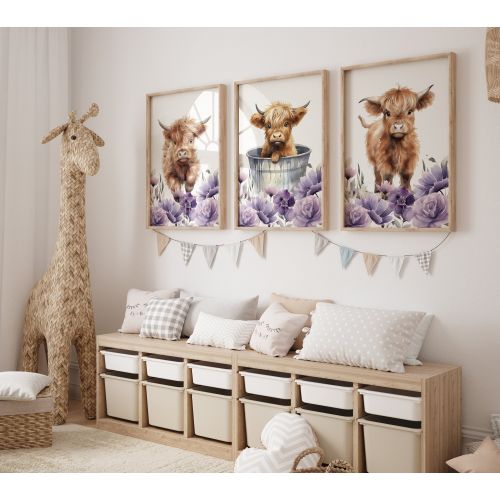 Highland Cow Nursery Art Prints: Purple Floral Farmhouse Decor, Set of Three