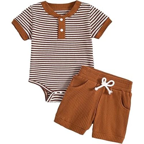 Baby Boy Outfits Ribbed Short Sleeve Striped Romper Top Solid Shorts with Pocket Baby Boy Summer Clothes 0-18M