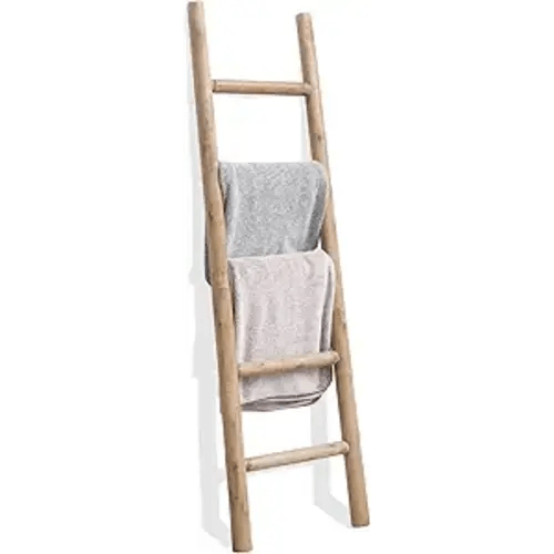FUIN 57in Wood Blanket Ladder Living Room Decorative Wall Leaning Farmhouse Quilt Display Holder Rustic Wooden Towel Rack for Bathroom, Brown