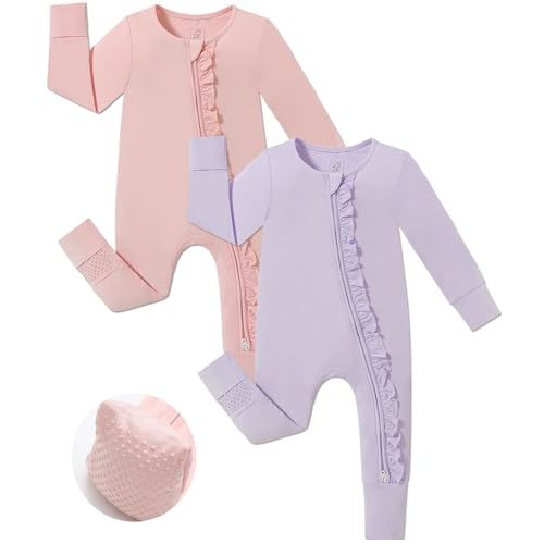 JunNeng Baby Girl Viscose from Bamboo Sleeper with Mitten Cuffs, 2 Way Zipper Romper, Sleep N' Play Pajamas 0-18 Months