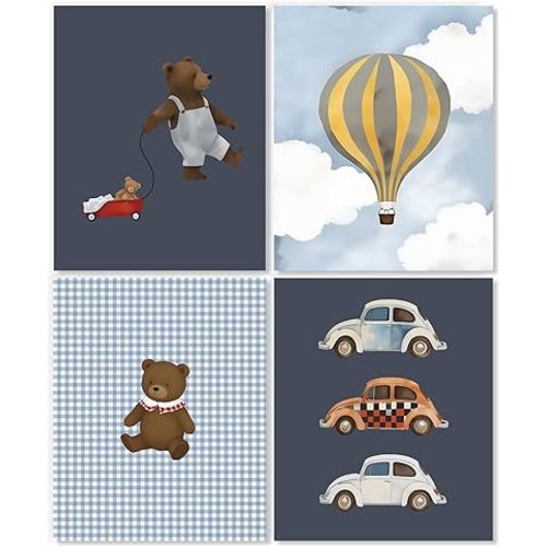 LUKIPOM Bear Nursery Wall Art Prints 8x10 Set of 4, Boys Room Decor, Hot Air Balloon Cars Bear Wall Art Posters for Little Boys Kids Nursery Toddler Room Bedroom Playroom Decor, Unframed