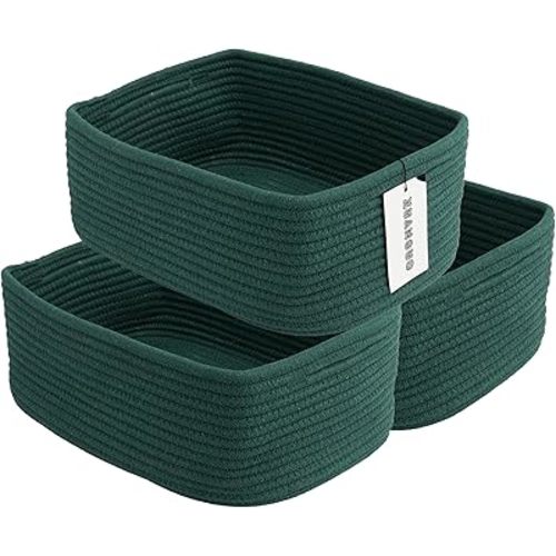 Small Woven Storage Baskets 13“X9”X5“ Decorative Rope Bins for Organizing Shelves, Closets, and Toys, Empty Gift Baskets, Cute Organizer Basket for Home and Office (dark green, Large)