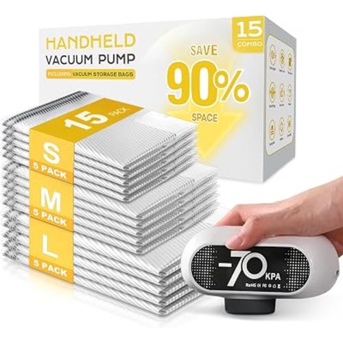 15 Pack Travel Vacuum Bags with Electric Pump, 70KPa Vacuum Storage Bags for Clothing, Reusable Space Saver Bags for Suitcase, Travel & Home Storage, Plaster White