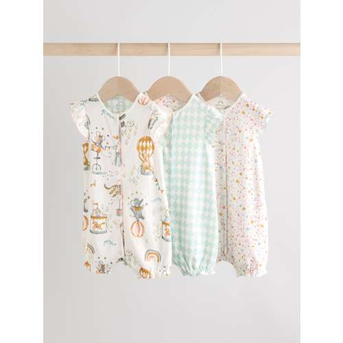 Multi Pastel Animal Print Baby 100% Cotton Rompers 3 Pack