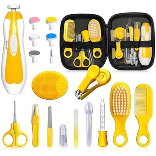 Baby Grooming Kit - 19 in 1 Nursery Essentials Baby Registry Shower Gift for Newborns, Infants, Toddlers, Boys, Girls Kids-Safety Baby Comb, Brush, Finger Toothbrush, Nail Clippers, Scissors(Yellow)