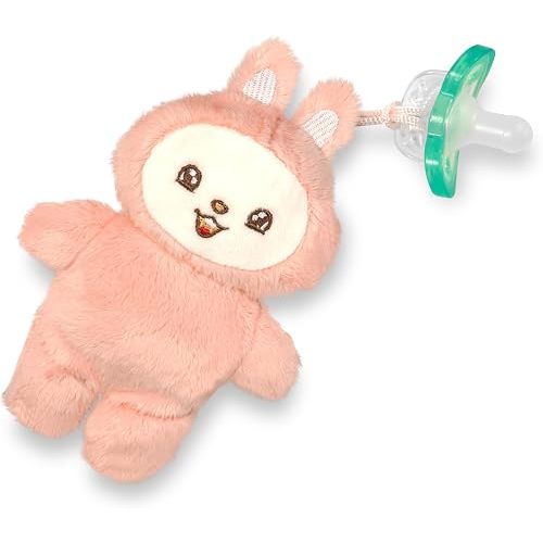RaZbaby RaZbuddy LuLu Pink Bunny Flat-Lay Plush Pacifier Holder with Detachable JollyPop Pacifier, 0M+, 100% Medical Grade Silicone, Machine Washable Designer Stuffed Animal (LuLu Pink Bunny)