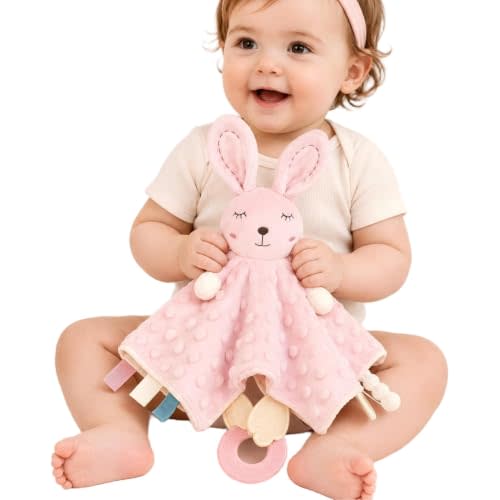ZIGJOY Baby Girl Lovey, Pink Bunny Security Blanket with Crinkle & Teether | 10.6” x 12“ for Easy Grip & Carry | Raised Dot Flannel & Short Plush Add Cozy Texture for Cuddling and Play
