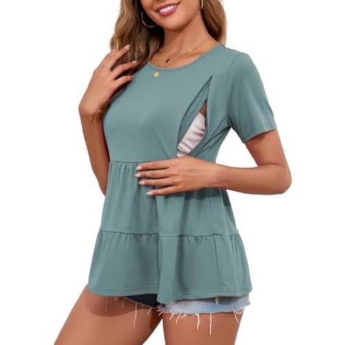 Ecavus Women's Nursing Top Short Sleeve Breastfeeding Tee with Hidden Zipper Loose Fit Maternity Tunic Pregnancy Shirt
