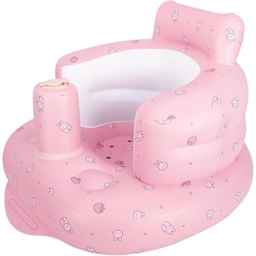 Inflatable Baby Chair, Inflatable Baby Seat for Babies 3 Months and Up, Summer Blow Up Chair with Built in Air Pump, Infant Floor Seats for Learning to Sit, Palying, Camping, Strawberry