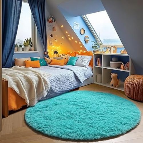 ONASAR Teal Blue Round Area Rug 4ft, Soft Fluffy Bedroom Bedside Floor Circle Rugs for Kids Girls Boys Teen Room, Cute Fuzzy Furry Plush Shaggy Carpet for Nursery Living Room Playroom Dorm Home Decor