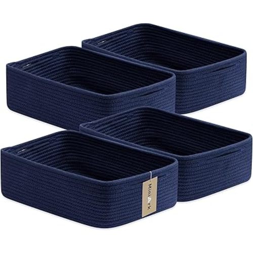 MiniArk Large Shallow Organizing Baskets 15x11x5.1 Inches - Rope Woven Storage Bins for Bathroom, Shelves, Cube Closet, Navy Blue 4 Packs
