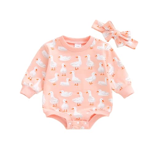 Infant Baby Girls Fall Romper Goose Print Long Sleeve Round Neck Jumpsuit with Bow Headband