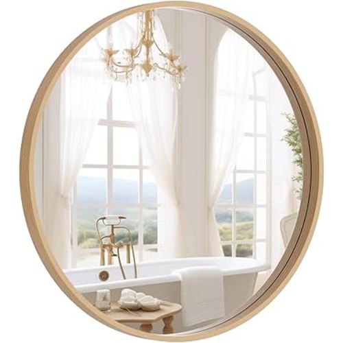 WallBeyond Round Wood Mirror 24 inch Circle Wall Mirror for Bathroom Round Wall Mirror for Wall Decor, Vanity, Entryway Living Room (Natural)