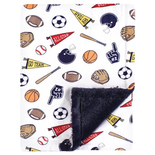 Hudson Baby Infant Boy Plush Blanket with Furry Binding and Back, Sports Fan, One Size