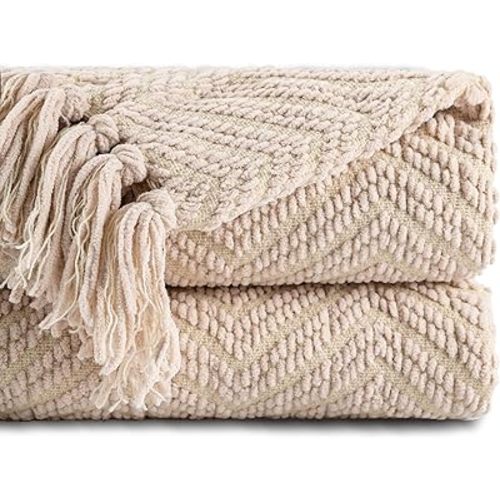 BATTILO HOME Beige Throw Blanket for Couch, Knitted Beige Blanket for Bed, Neutral Throw Blanket Warm Decorative Tan Throw Blankets for Sofa Living Room, 50" x 60"