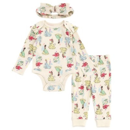 Disney Princess Newborn Baby Girls Ribbed Bodysuit, Jogger Pants and Headband 3 Piece Outfit Set Beige Princesses 0-3 Months