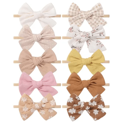 doboi 10PCS Baby Girls Headbands Hair Bows Nylon Linen Hairbands Handmade Hair Accessories for Newborn Infant Toddlers Little Girl and Kids 3.5Inches