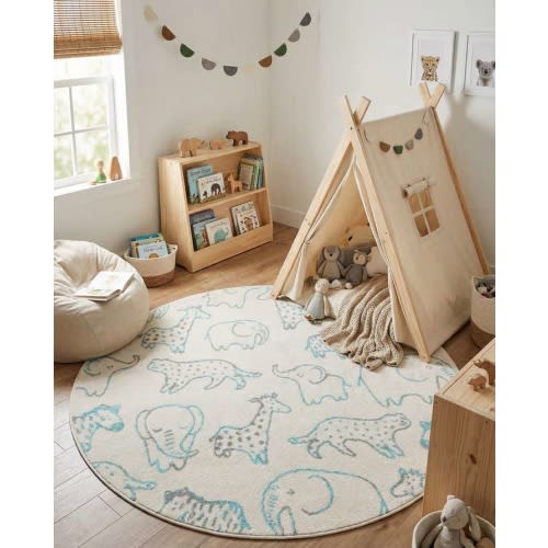 Ivory 5' 3 x 5' 3 Animals Whimsy Kids Round Rug | Rugs.com