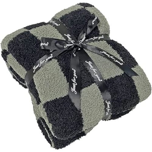 Soft Checkered Throw Blanket, Ultra Cozy Knit Throw Blanket Fluffy Fuzzy Reversible Checkerboard Blanket for Travel Couch Sofa Bed Decor, 51x63 inches, Black Grey