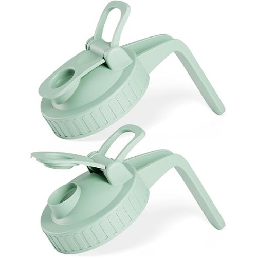 2 Pack Wide Mouth Mason Jar Pour Spout Lids with Handle, Airtight Flip-Top Leak-Proof Covers with Silicone Seal for Drinks, Juices, Oils & Salad Dressing, Green