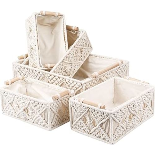 ANMINY 5PCS Macrame Storage Baskets for Organizing Boho Decor Baskets Storage Bins with Wood Handles Handmade Decorative Storage Boxes with Removable Liner Toilet Tank Bathroom Self Basket Organizer