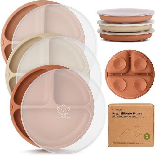 Suction Plates with Lids for Baby, 3pk, BPA-Free Silicone, Terracotta