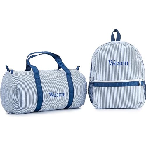 MT WORLD Daycare Backpacks and Travel Duffel Bags Set,Personalized Seersucker Backpacks Overnight Bags,Travel Daypack with Weekender Bag,Overnight Daycare Bag