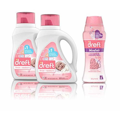 Dreft Stage 1: Newborn Hypoallergenic Liquid Baby Laundry Detergent (HE), 2 Count with Blissfuls In-Wash Scent Booster Beads, Baby Fresh