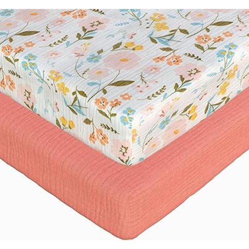 2-Pack Muslin Pack and Play Sheets Fitted, Cotton Muslin Mini Crib Sheets Girl, 27" x 39", Fits Graco Pack n Play Mattress, Playpen Sheets Pack n Play, Oeko-Tex (Floral Pink Pack n Play Sheets)