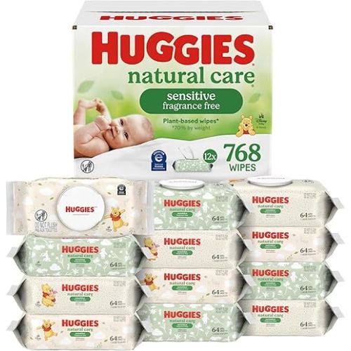 Huggies Natural Care Sensitive Baby Wipes, Unscented, Hypoallergenic, 99% Purified Water, 12 Flip-Top Packs (768 Wipes Total), Packaging May Vary
