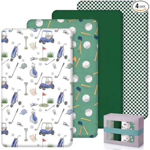 SmoothNovelty 4 Pack Golf Crib Fitted Sheet for Boy Girl, Green Series | 52" x 28", Neutral Baby Sheet with Checkered Style, Nursery Decor for Standard Mattress, Microfiber Soft Breathable