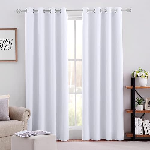 HOMEIDEAS Pure White Curtains for Bedroom 52 X 84 Inch Long 2 Panels Set Curtains/Drapes, Grommet Window Curtains for Living Room
