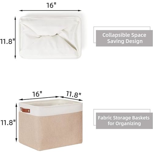 HNZIGE Fabric Storage Baskets for Organizing [2 Pack] Large Canvas Rectangular Storage Bins for shelves 16" X 11.8" X 11.8" Clothes Baskets Collapsible Bins for Closet Linen Organizers (Beige&White)