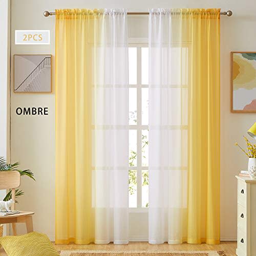 Ombre Faux Linen Sheer Curtains for Bedroom Living Room Rod Pocket, Privacy and Light Filtering, 2 Tone Reversible Gradient Voile Semi Window Curtains, Set of 2 Panels, Yellow, 54 x 96 Inch Length