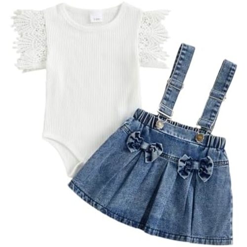 2Pcs Baby Girl Denim Outfit Long Sleeve Romper and Denim Overall Skirts Set