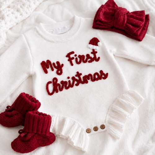 My First Christmas Romper, Embroidered Baby Knit Bodysuit, Newborn Holiday Outfit, Infant Christmas Photo Prop, Baby Gift