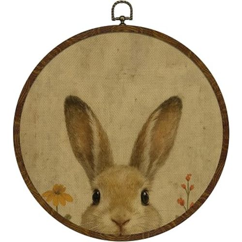 Vintage Bunny Round Wall Art,Retro Rabbit Wall Art with Circular Frame ,Vintage Animal Design Hanging Wall Decor for Girl's Room Bedroom Living Room Office,Easter Bunny Decor 10x10inch (Rabbit)