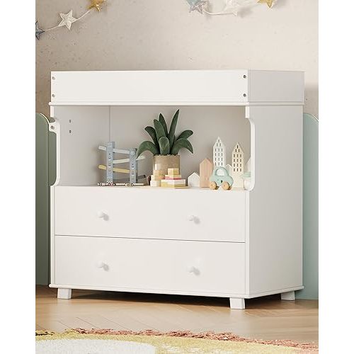 Baby Changing Table Dresser with 2 Drawers, Modern Nursery Dresser with an Open Storage Space, Diaper Changing Station for Bedroom, Kids Room, Baby Room, White