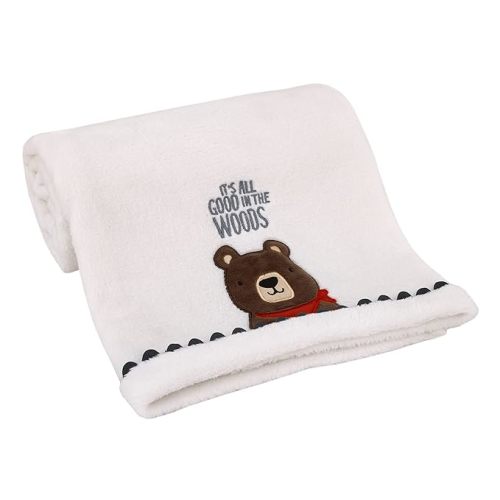 NOJO Into The Wilderness White, Navy, and Brown Bear 'It's All Good in The Woods' Super Soft Applique Baby Blanket with Trim
