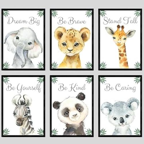 Baby Safari Animals for Girl or Boy Nursery Bedroom, Set of 6 Unframed Wall Art Prints, Jungle Leaves Quote Posters, Nursery Decor Gift, Giraffe Elephant Lion, Stand Tall Dream Big Be Brave (11x14)
