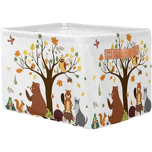Forest Animals Bear Squirrel Rectangle Storage Basket with Leather Handle - Owls Tree Collapsible Nursery Hamper Cute Toy Box Book Shelf Baskets - Clothes Storages Cube Bins Organizer Room Decor