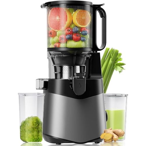 Cold Press Juicer, 5.3" Wide Feed Chute Juice Extractor Machine with 400W, High Juice Yield, Slow Masticating Juicer for Whole Vegetables & Fruits, Deep Grey