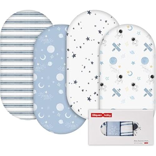 Gllquen Baby Bassinet Sheets 4 Pack, Breathable Cozy Fitted Mattress Sheet, Elastic Travel Crib Fashionable Pattern, Standard Cradle Safe Sheets for Baby Boys Girls 32"x16"(Astronaut)