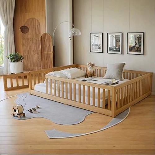 Full Size Floor Bed with Convertible Door & Wood Slats Support for Girls & Boys,Wood Montessori Bed Frame w/Guardrails & Close to The Floor for Kids,Natural
