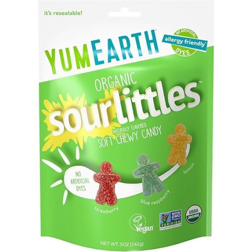 YumEarth Organic Sour Littles Chewy Candy - Allergy Friendly (Top 9 Free), No Artificial Dyes, Non GMO, Gluten Free, Vegan Candy Snacks - 5 Ounce Bag